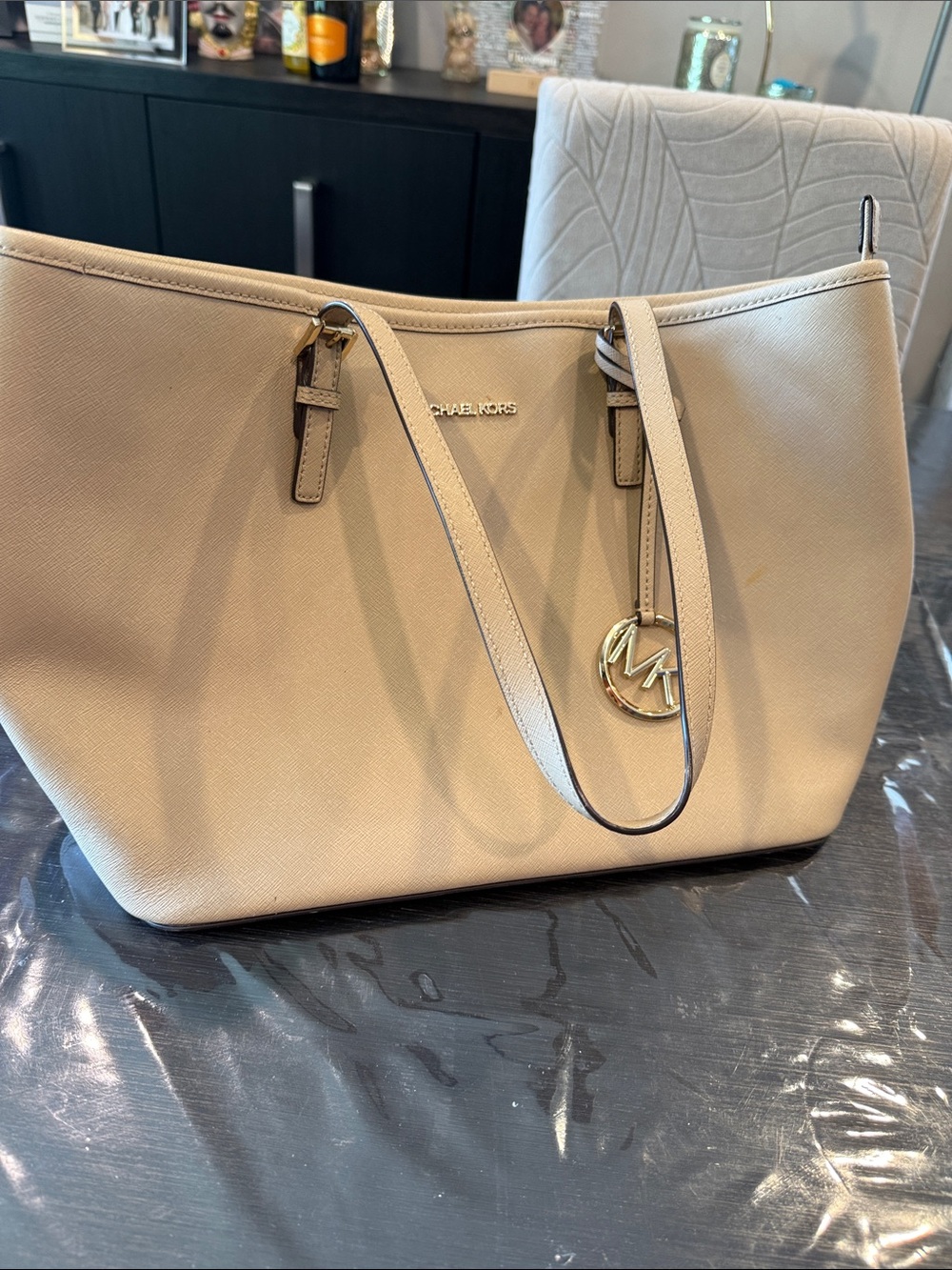 Michael Kors Neutral Beige Saffiano Leather Tote with Gold MK Charm